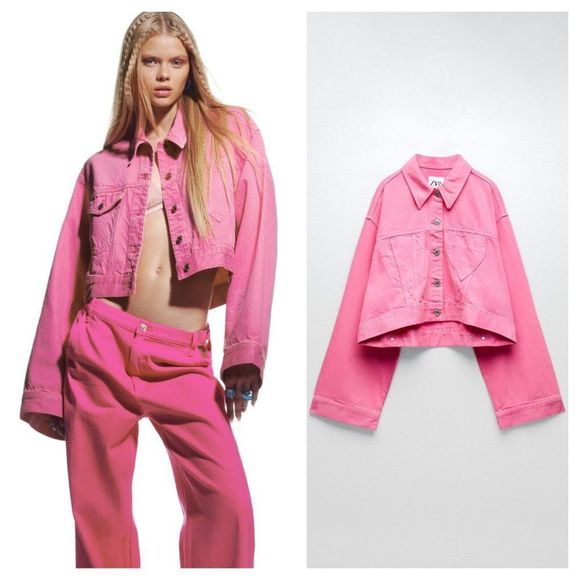 ZARA PINK HEART DENIM SHORT JEAN JACKET - Picture 1 of 12